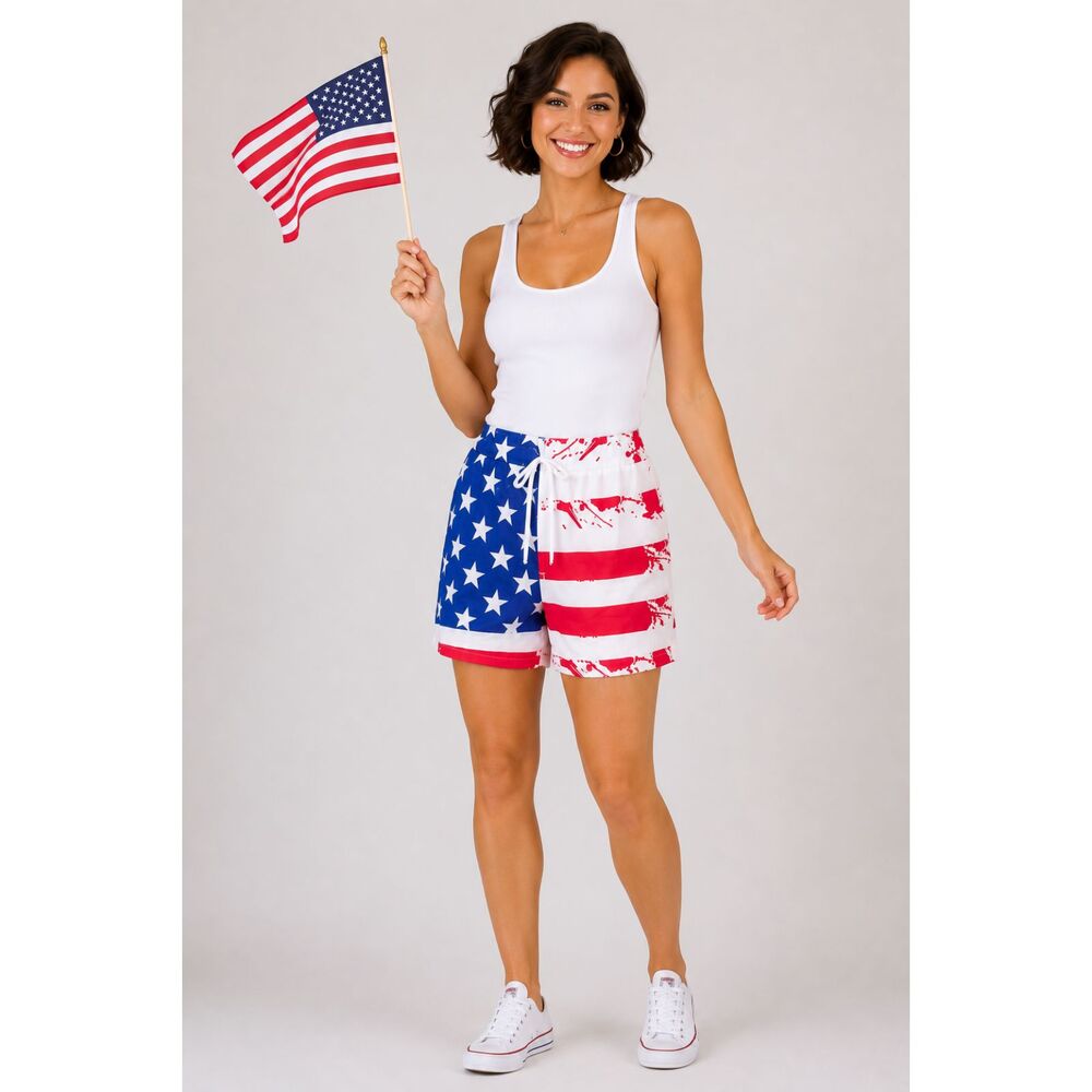 Women's Patriotic USA Flag Stars Stripes Shorts Size M 4th of July Beach #12